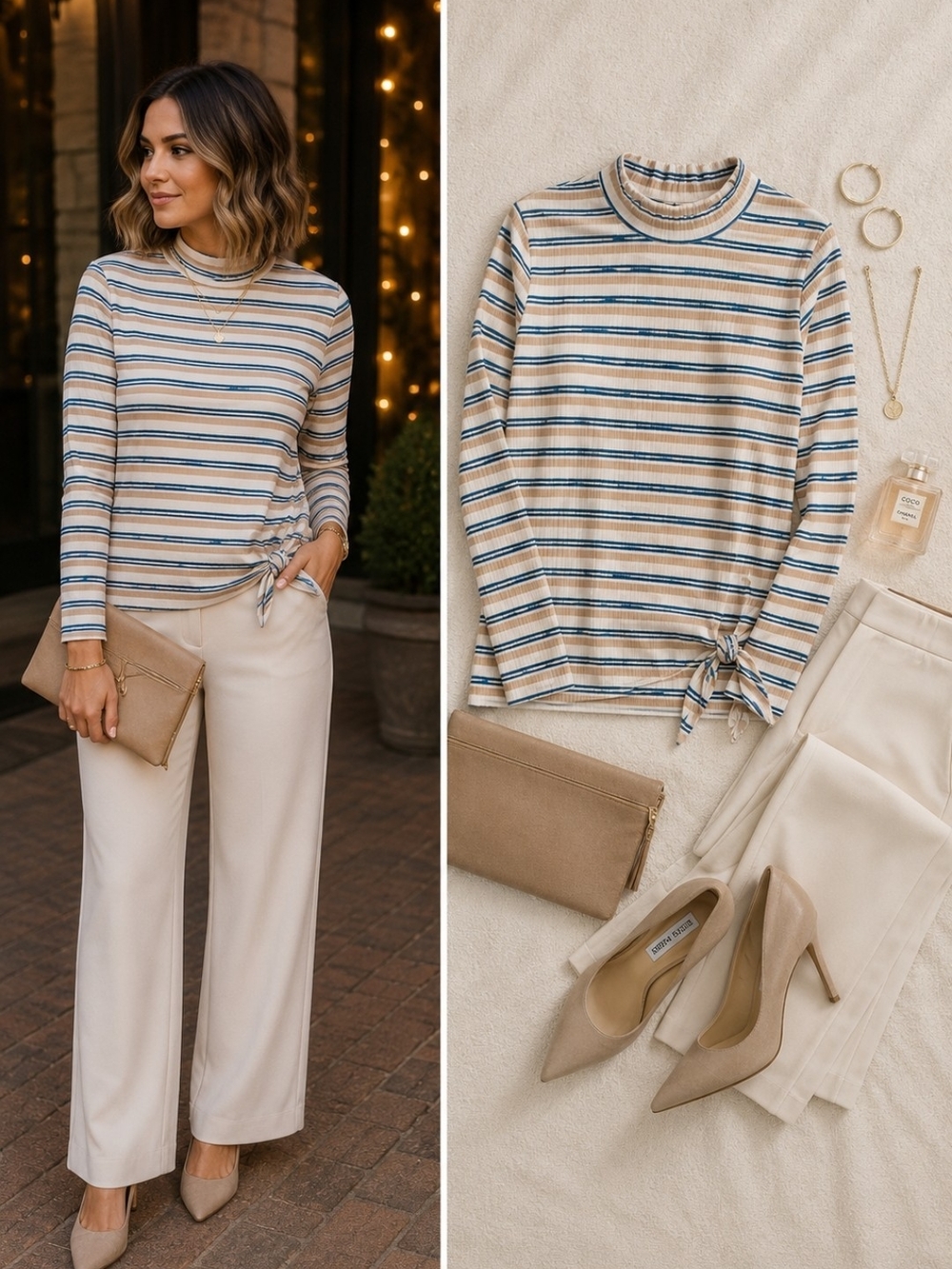 St. John's Bay Striped Mock Neck Tie Hem Top M | Quiet Luxury Old Money Style